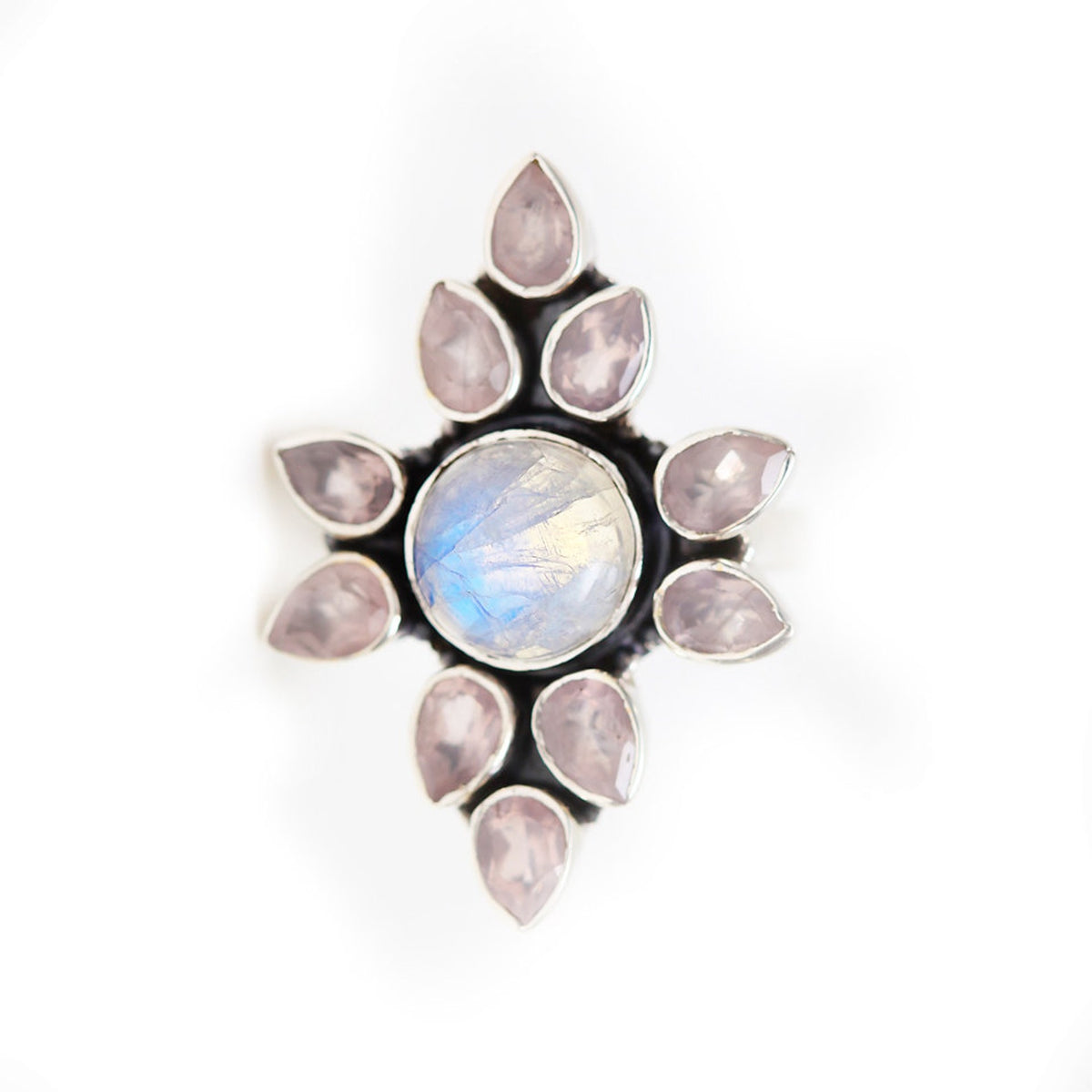 Rose Quartz - Moonstone Ring, Statement Jewelry
