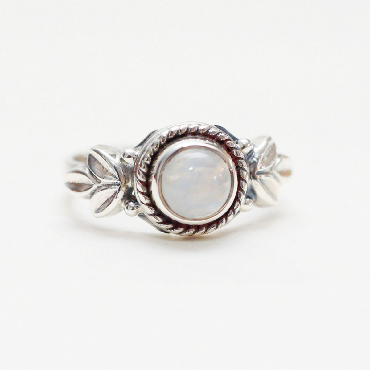 Round Moonstone Ring, Silver Leaf Ring