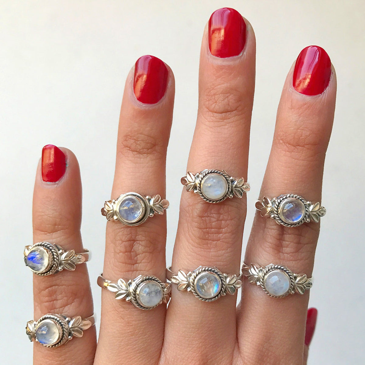 Round Moonstone Ring, Silver Leaf Ring