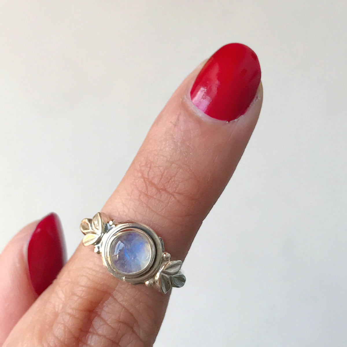 Round Moonstone Ring, Silver Leaf Ring