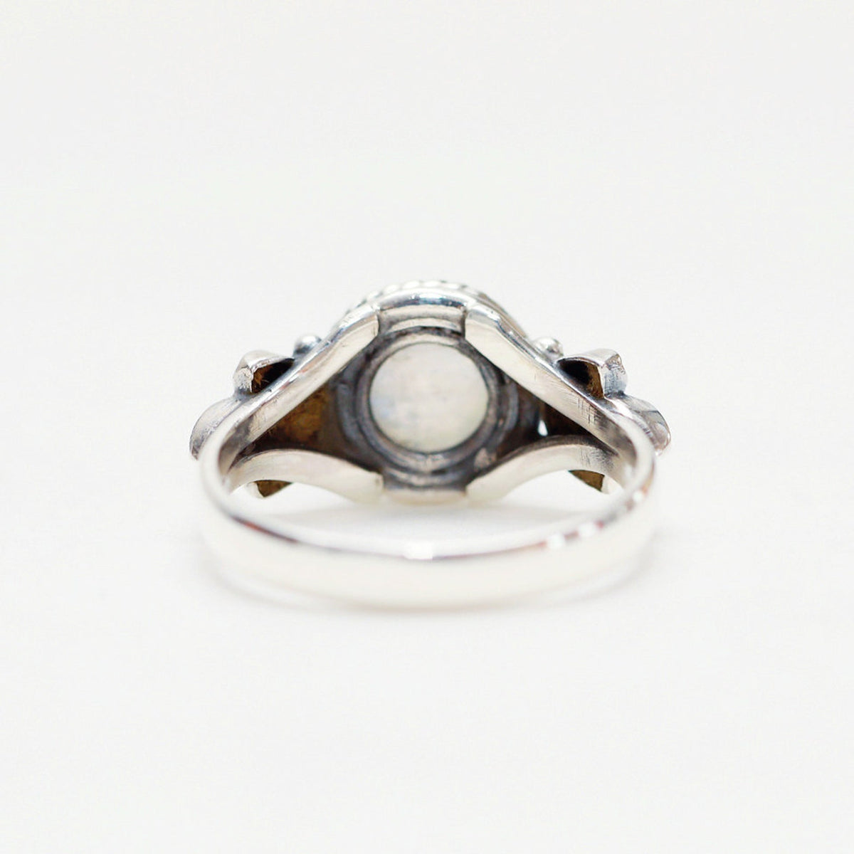 Round Moonstone Ring, Silver Leaf Ring