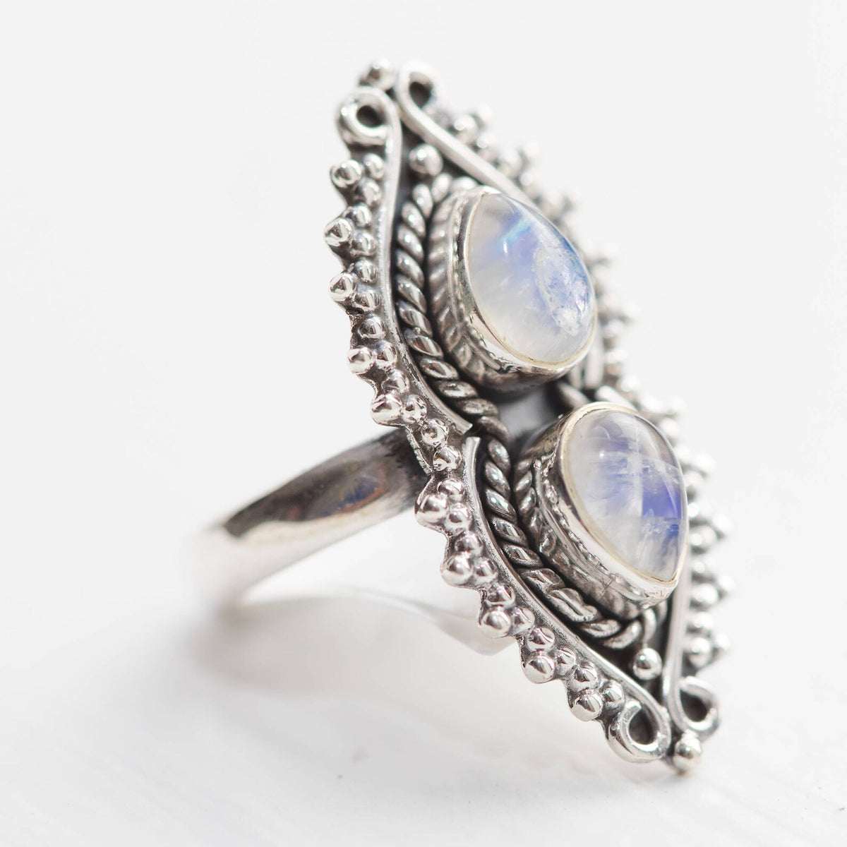 Two Moonstone Ring, Unique Silver Ring