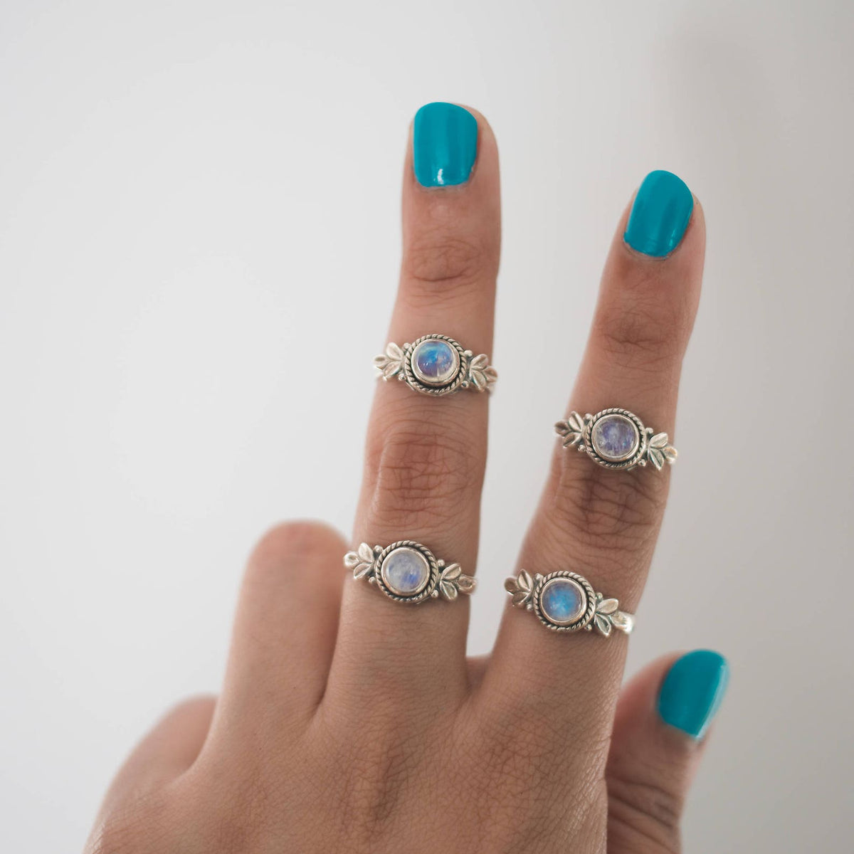 Round Moonstone Ring, Silver Leaf Ring
