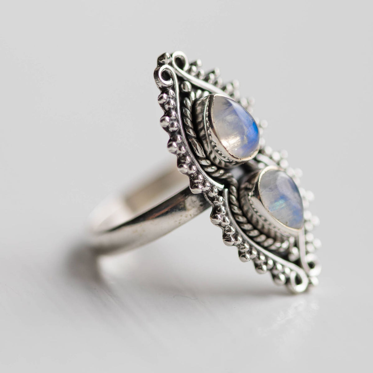 Two Moonstone Ring, Unique Silver Ring