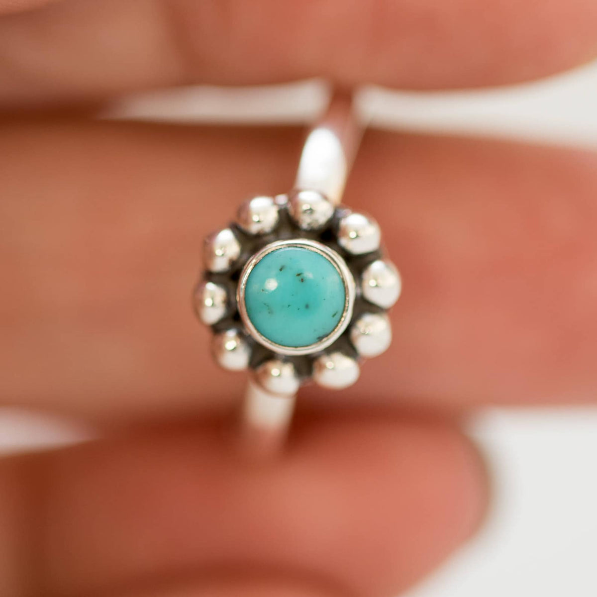 Genuine Turquoise Ring, Silver Flower Ring