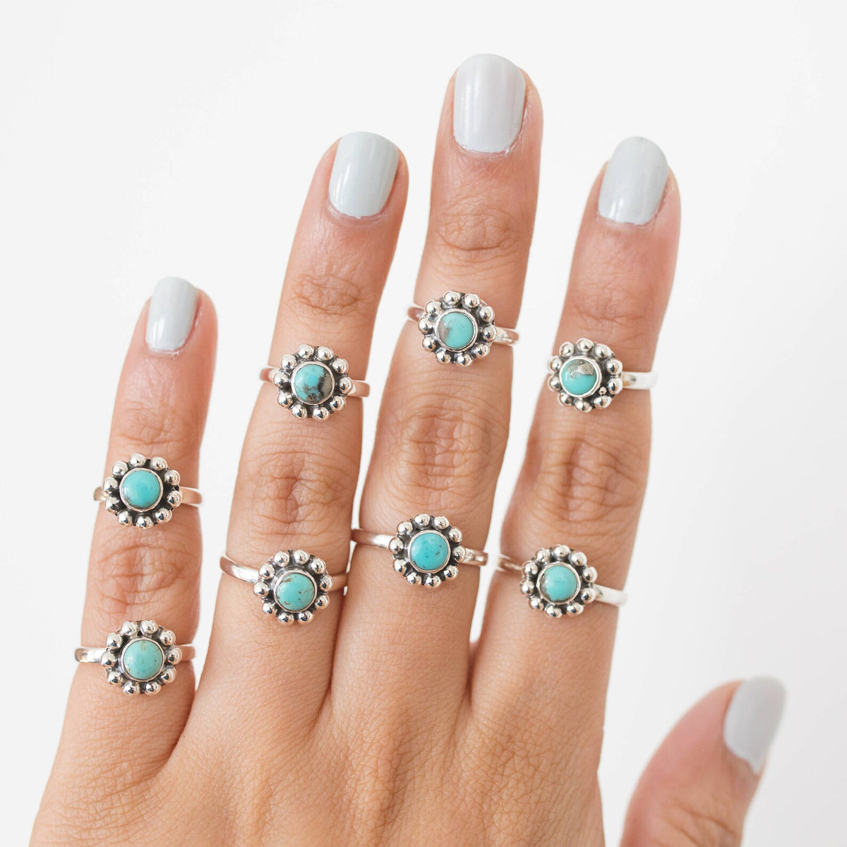 Genuine Turquoise Ring, Silver Flower Ring