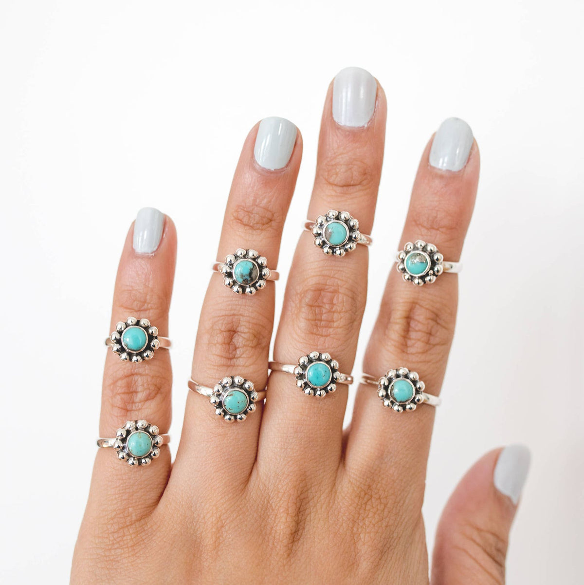 Genuine Turquoise Ring, Silver Flower Ring