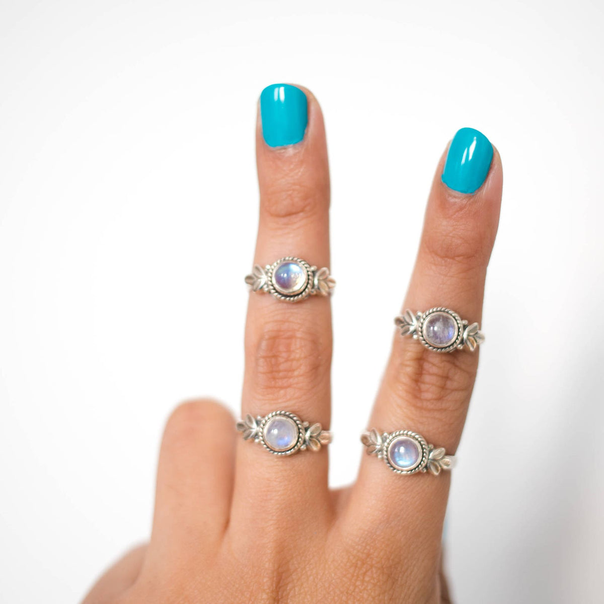 Round Moonstone Ring, Silver Leaf Ring