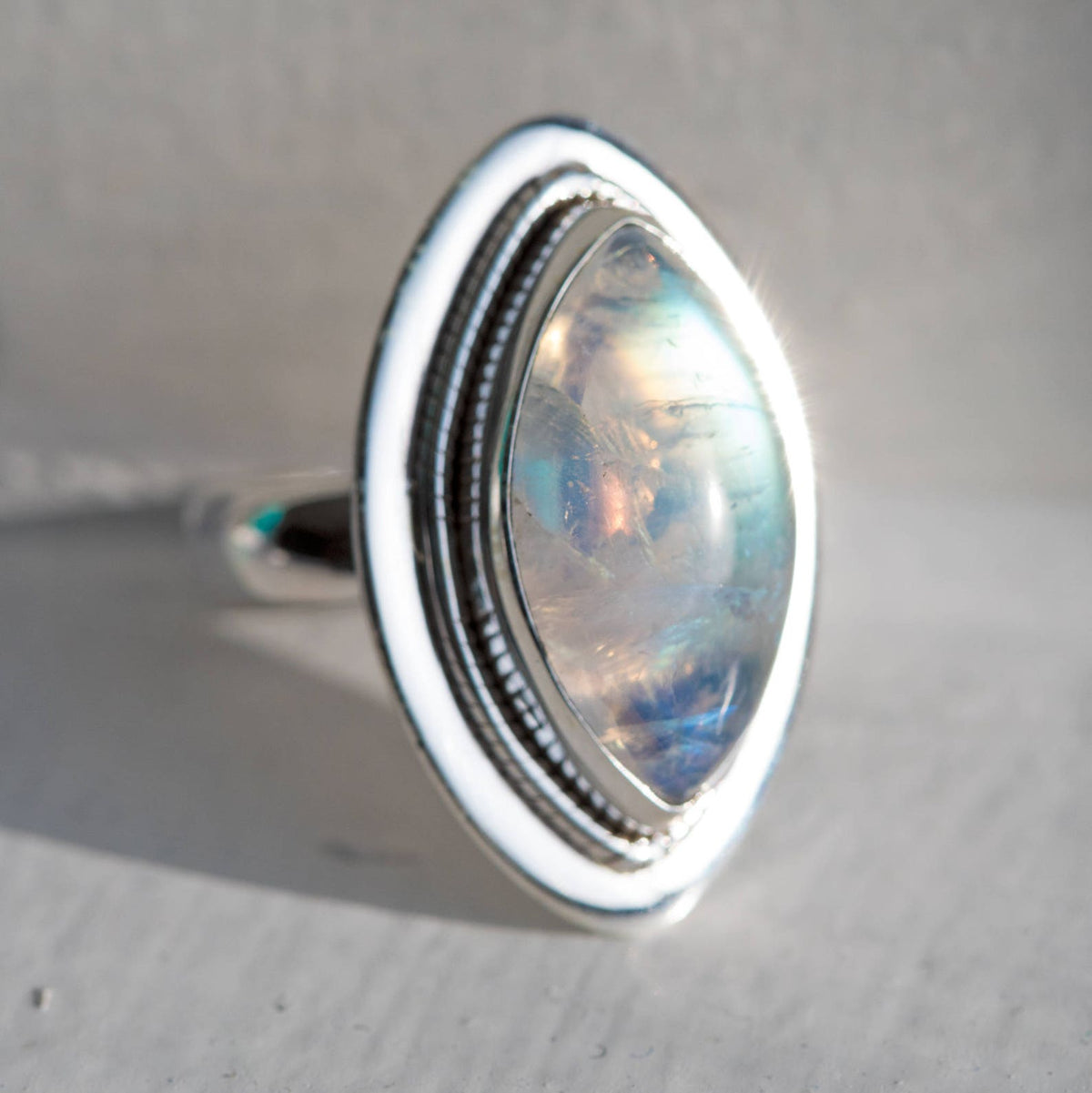 Galaxy Ring, Navette Ring, Large Moonstone Ring
