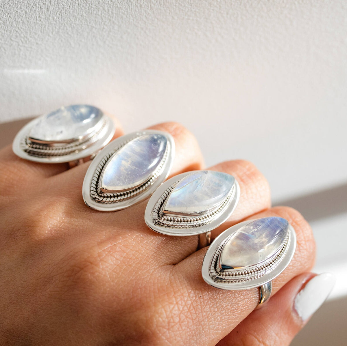 Galaxy Ring, Navette Ring, Large Moonstone Ring