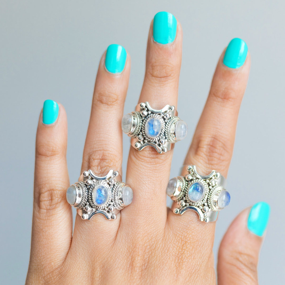 Art Deco Moonstone Ring, Triple Moonstone Ring