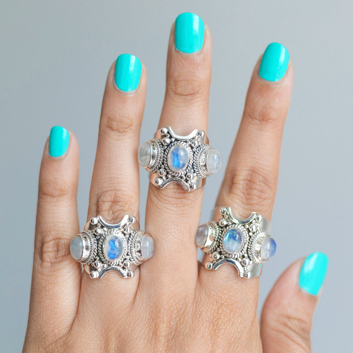 Art Deco Moonstone Ring, Triple Moonstone Ring