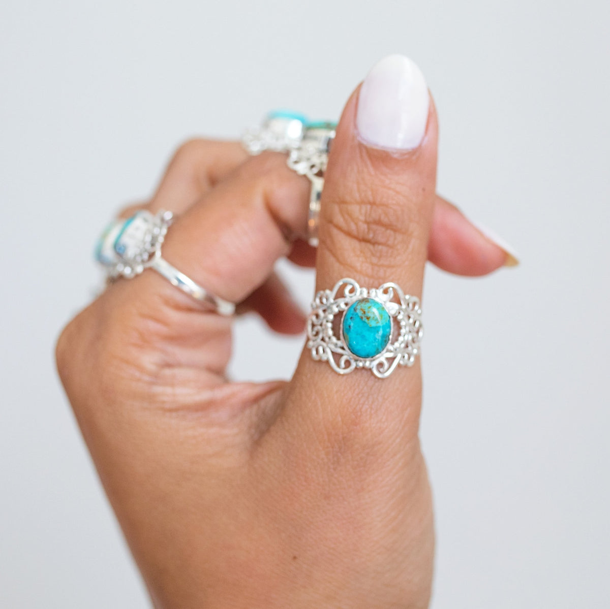 Turquoise Boho Ring, Ornate Silver Ring