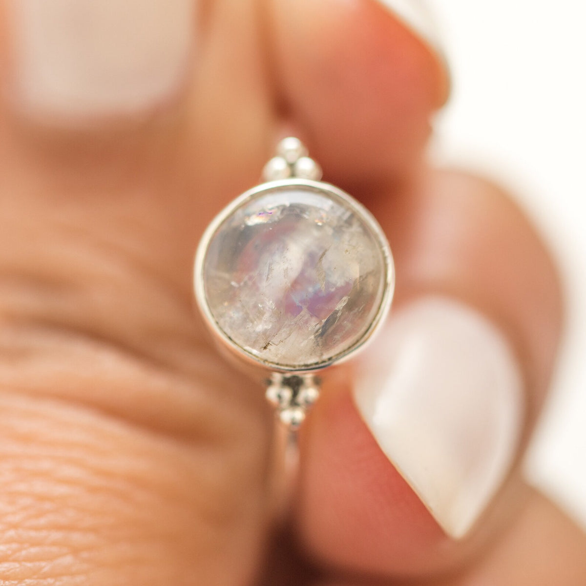 Round Moonstone Ring, Delicate Silver Ring