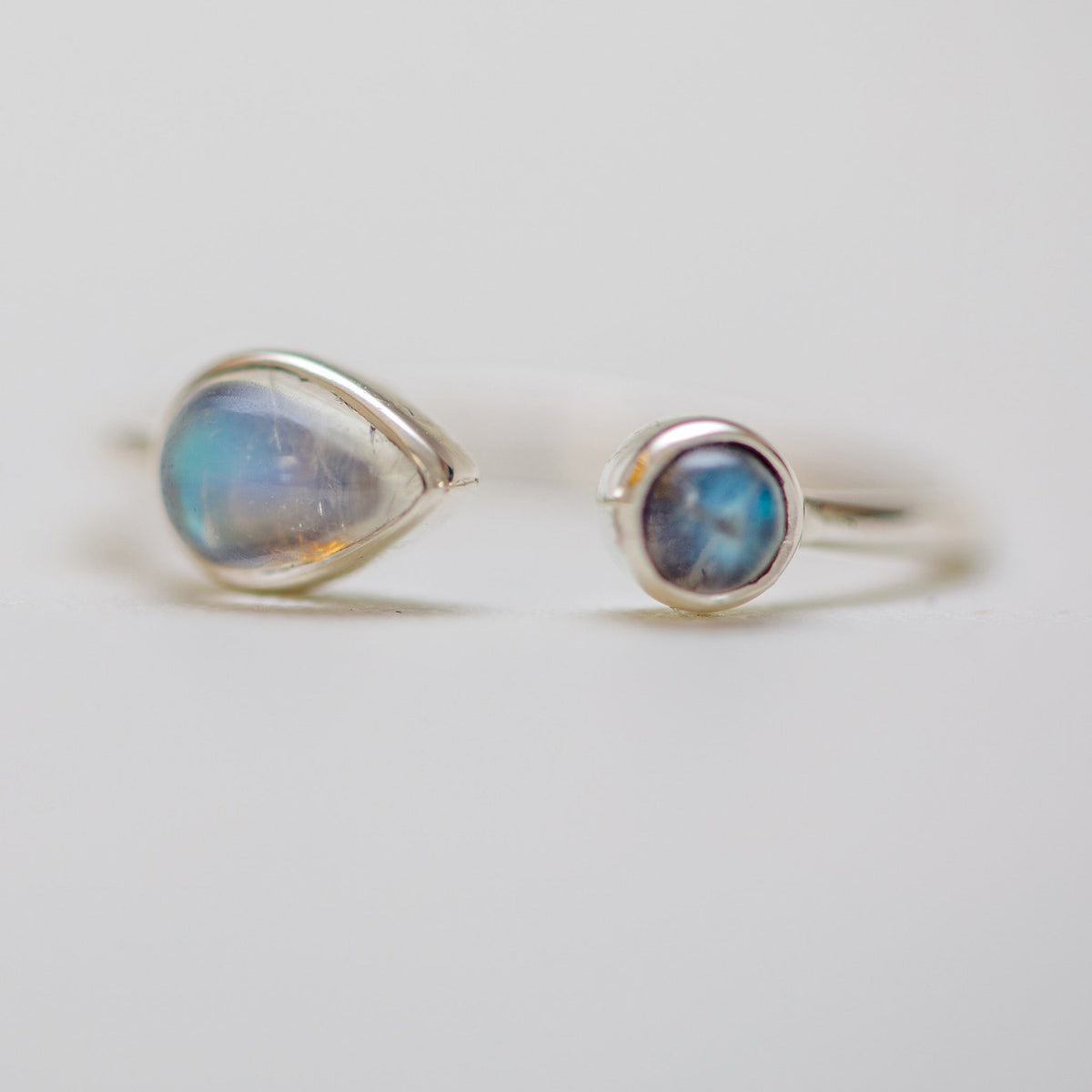 Blue Moonstone & Labradorite Adjustable Dainty Stacking Ring, Thin Silver Rings