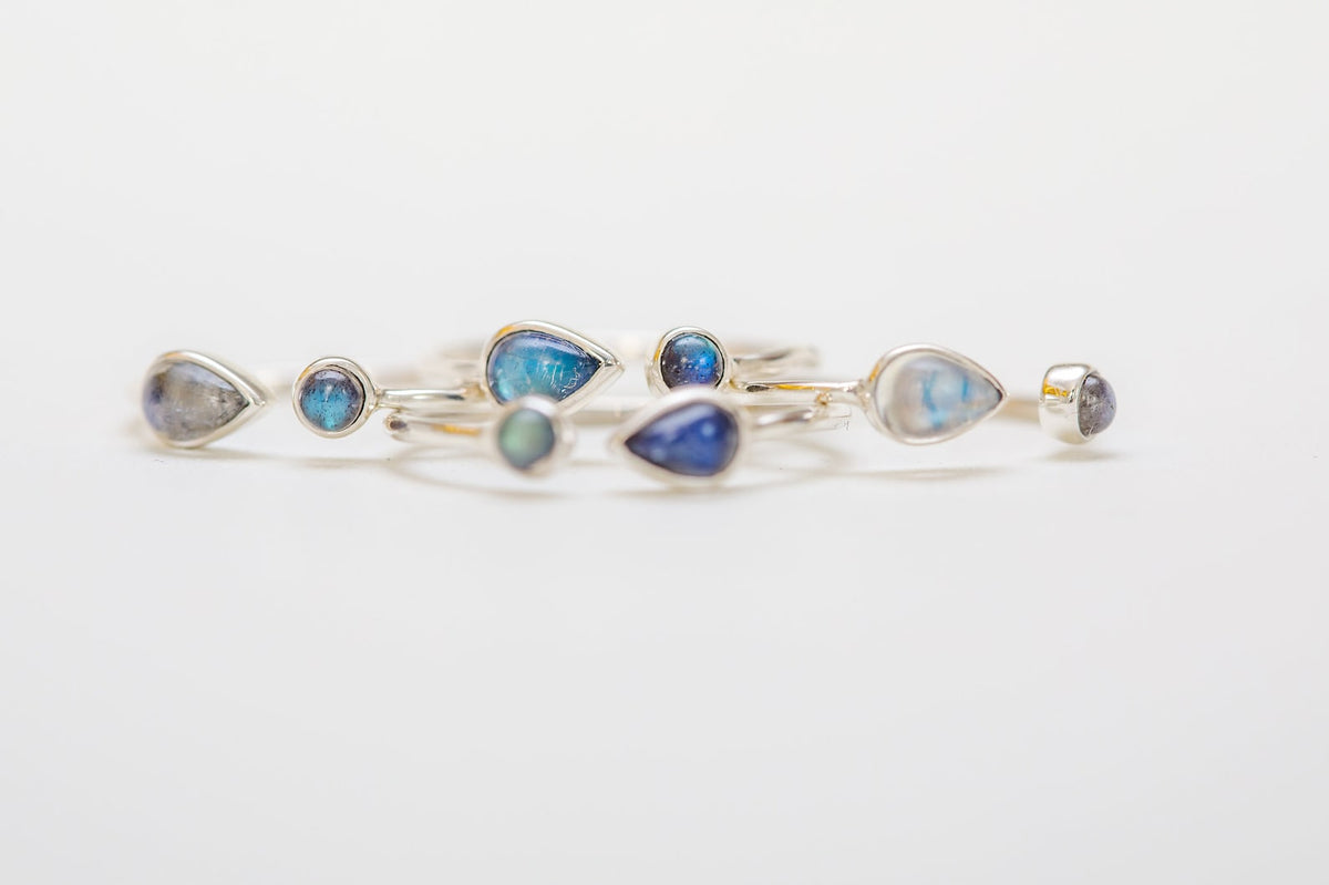Blue Moonstone & Labradorite Adjustable Dainty Stacking Ring, Thin Silver Rings