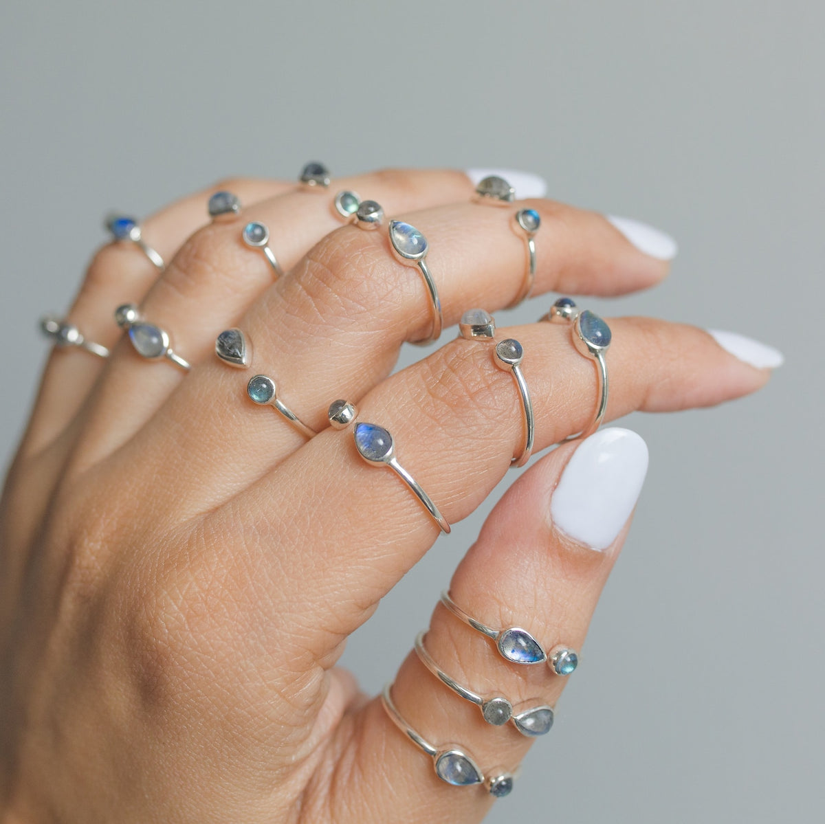 Blue Moonstone & Labradorite Adjustable Dainty Stacking Ring, Thin Silver Rings