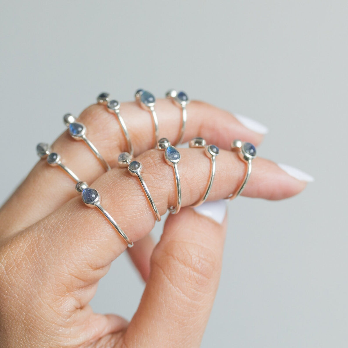 Blue Moonstone & Labradorite Adjustable Dainty Stacking Ring, Thin Silver Rings