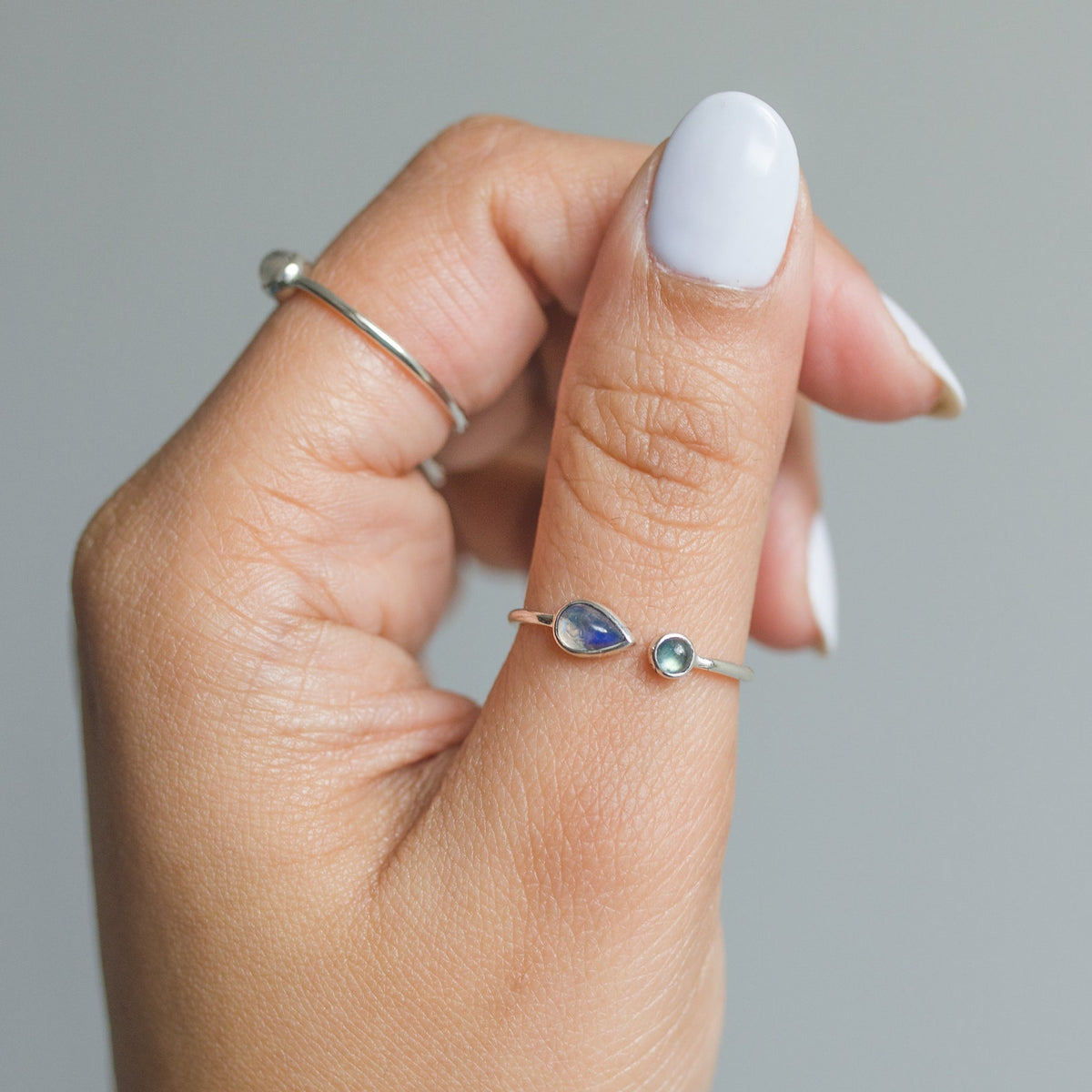 Blue Moonstone & Labradorite Adjustable Dainty Stacking Ring, Thin Silver Rings