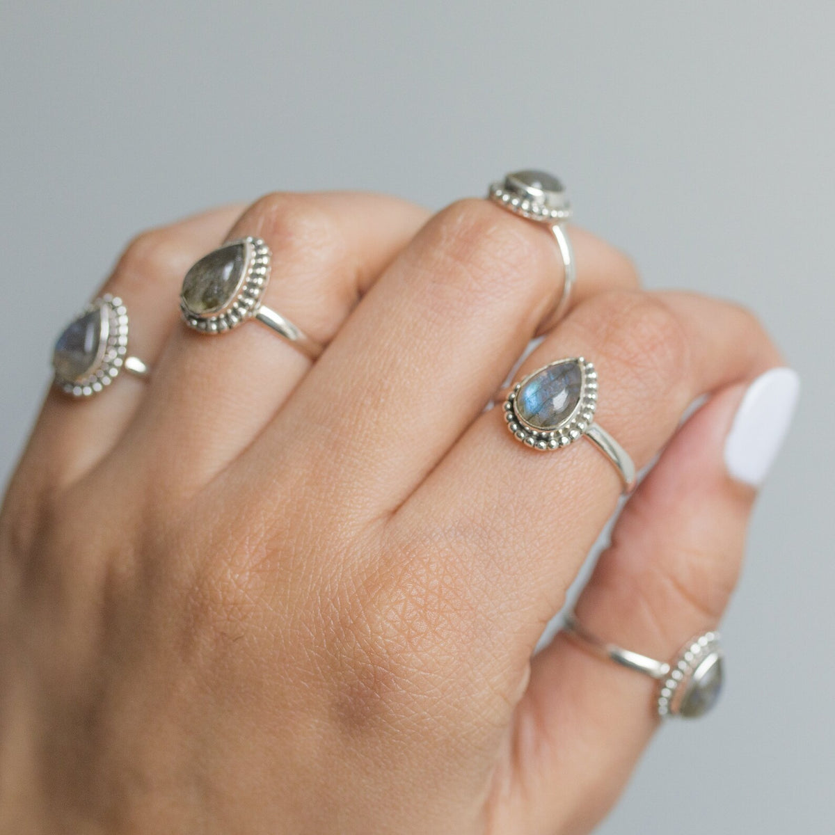 Labradorite Crystal Rain Drop Ring, Silver Dot Ring