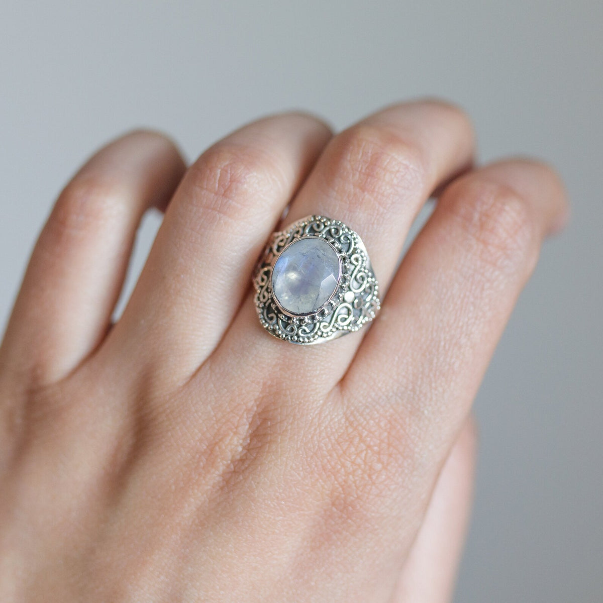 Faceted Moonstone Ring in Sterling Silver