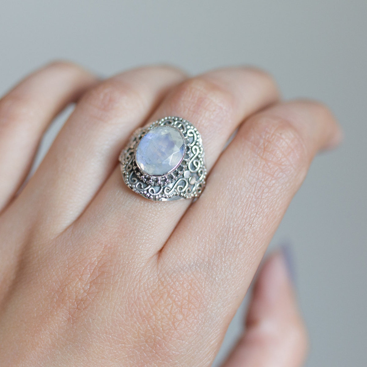 Faceted Moonstone Ring in Sterling Silver
