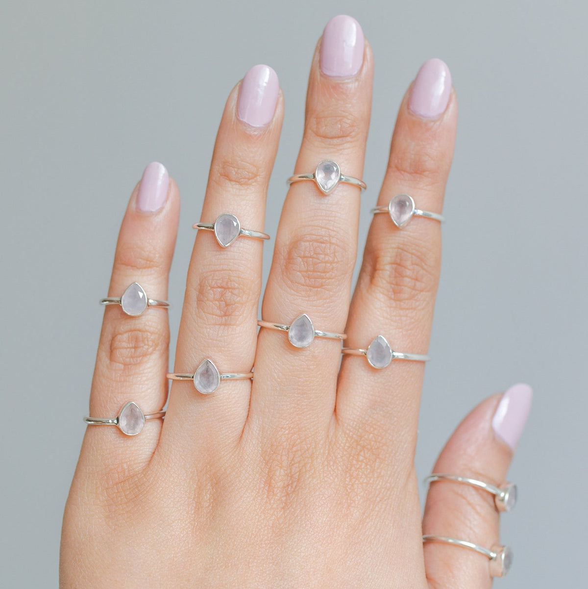 Natural Rose Quartz Ring, Teardrop Stone Ring in Sterling Silver
