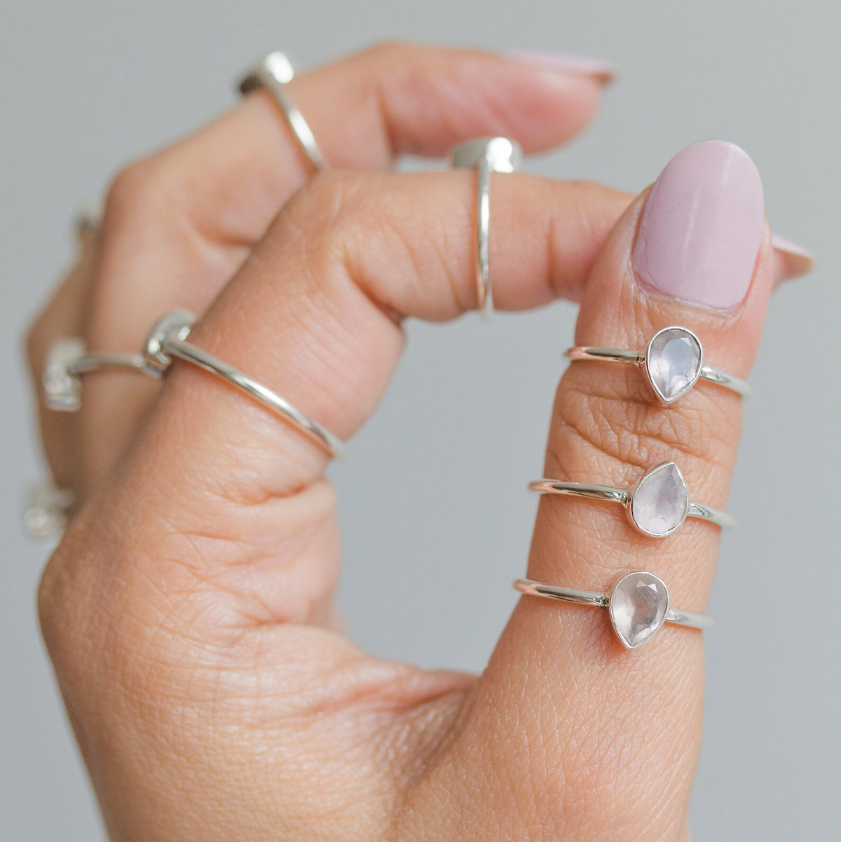 Natural Rose Quartz Ring, Teardrop Stone Ring in Sterling Silver