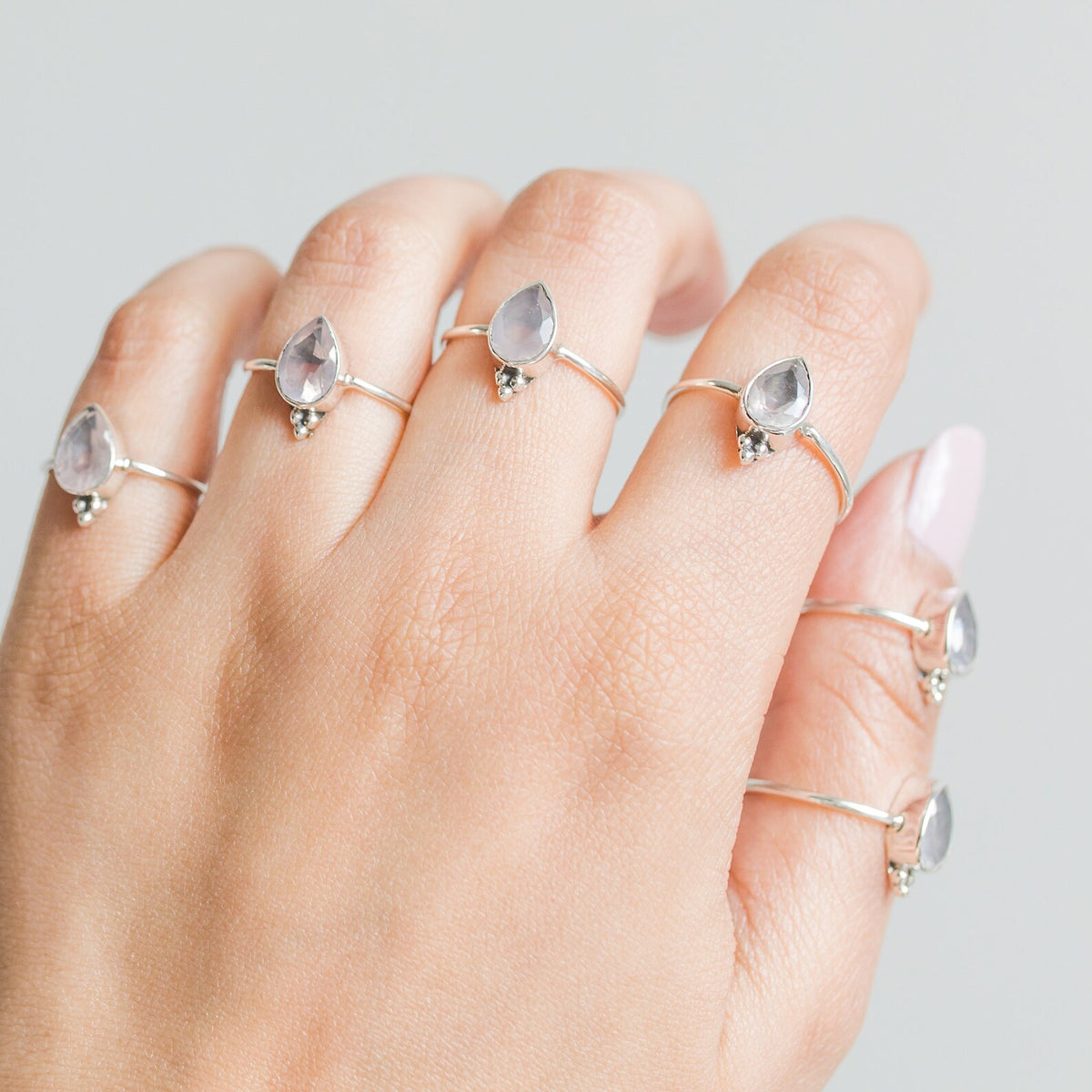 Pear Rose Quartz Silver Ring - Crystal Quartz Ring