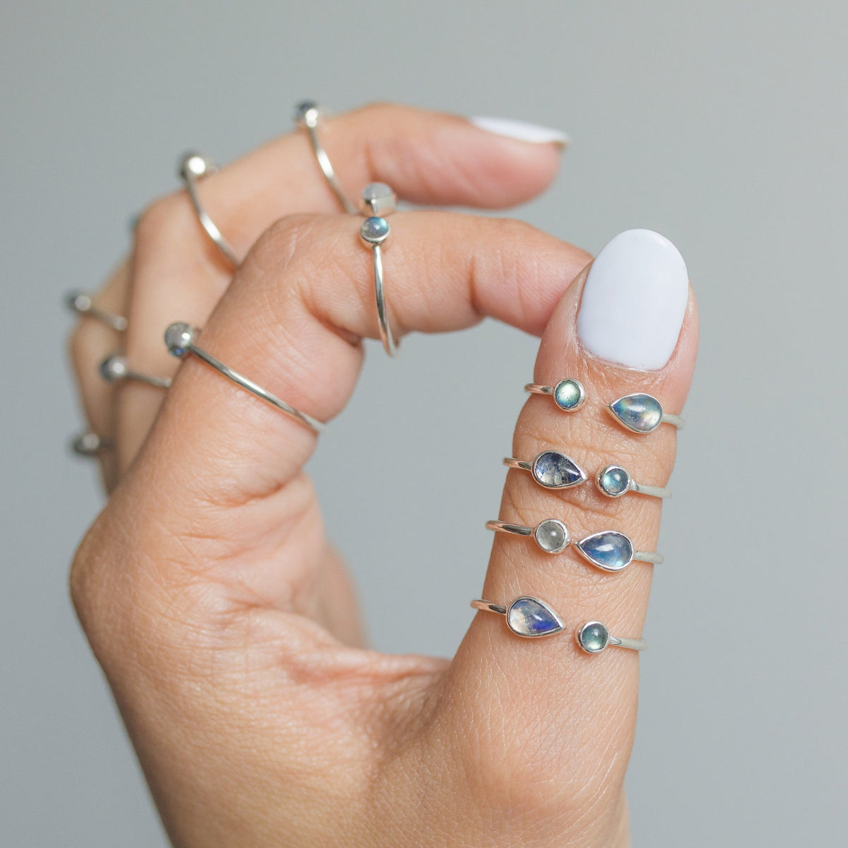 Blue Moonstone & Labradorite Adjustable Dainty Stacking Ring, Thin Silver Rings