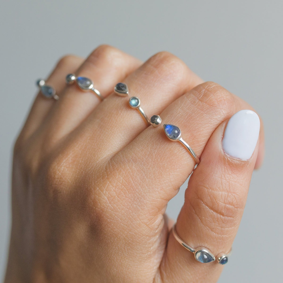 Blue Moonstone & Labradorite Adjustable Dainty Stacking Ring, Thin Silver Rings