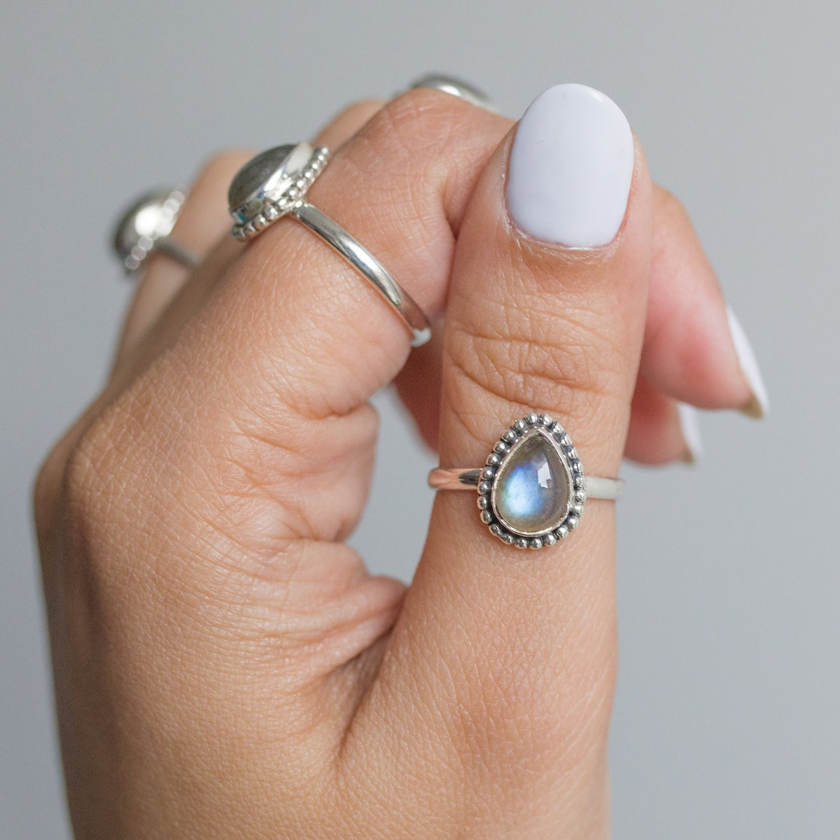 Labradorite Crystal Rain Drop Ring, Silver Dot Ring