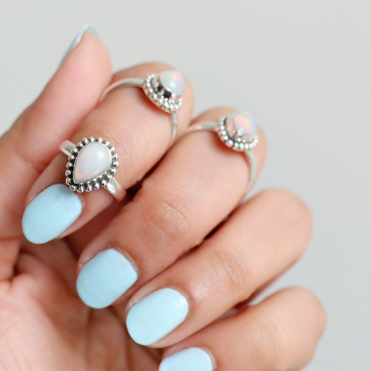 Ethiopian Opal Ring Rain Drop Silver Dot Ring