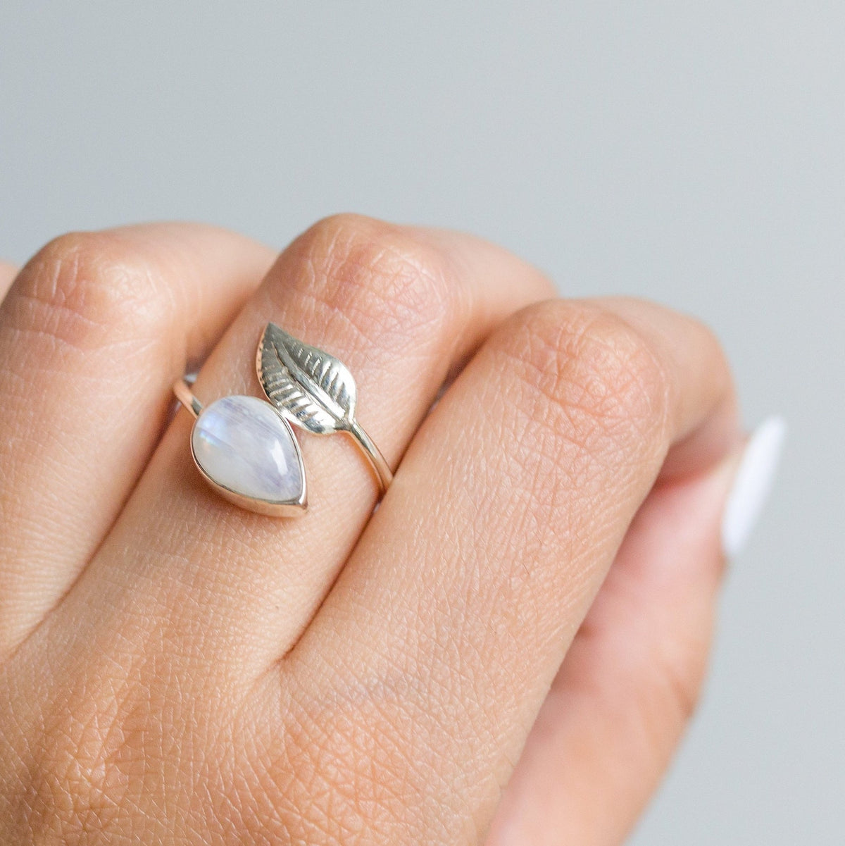 Moonstone Crystal Silver Leaf Ring, Adjustable Ring