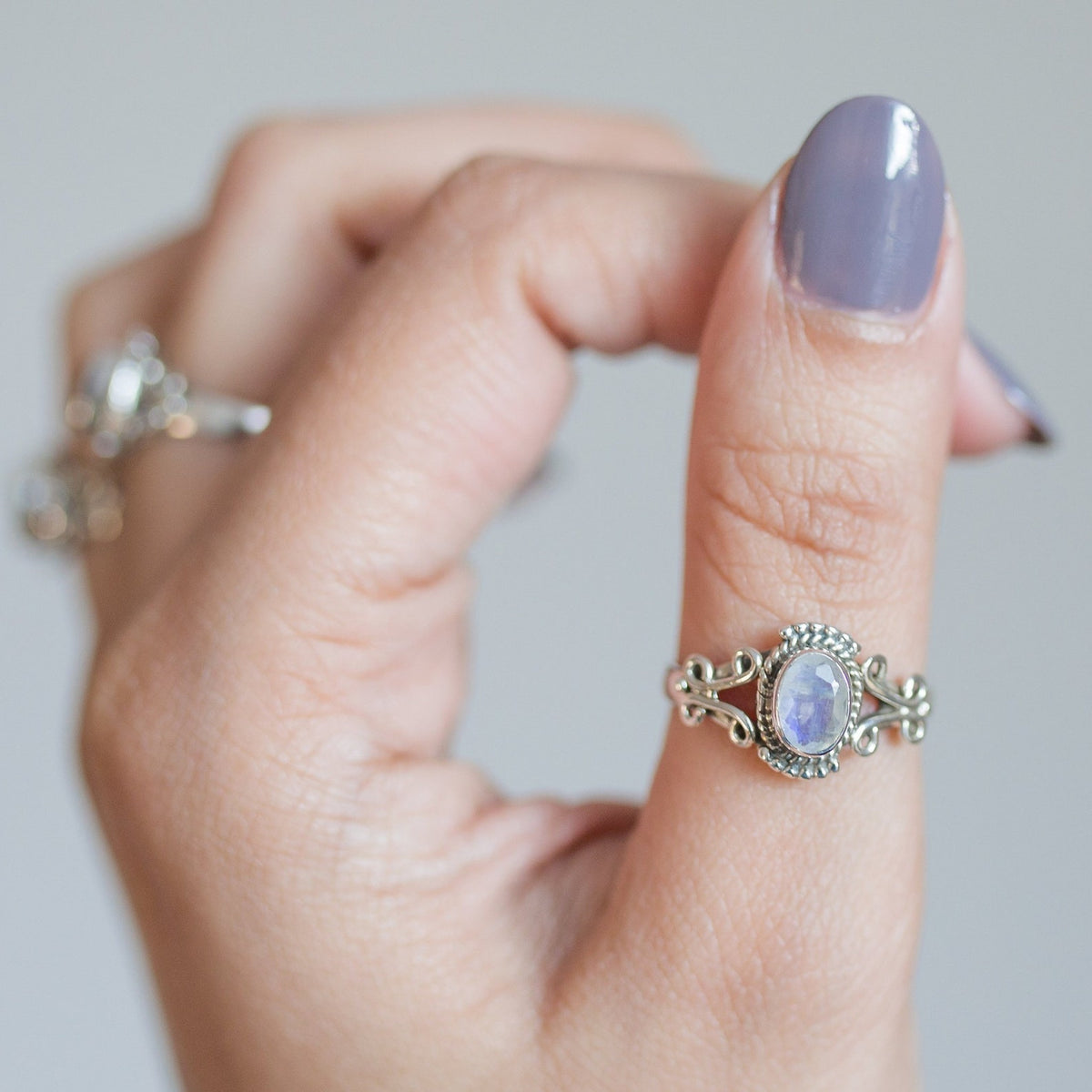 Blue Moonstone Silver Stamped Ring - Faceted Stone Ring