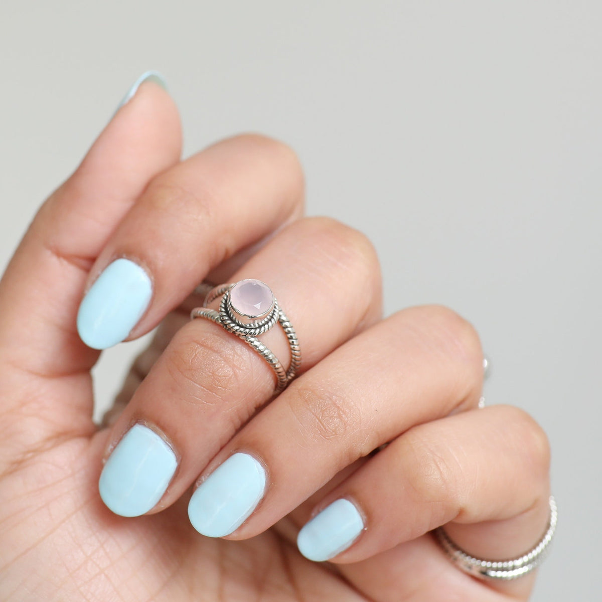 Round Rose Quartz Ring, Twisted Silver Ring