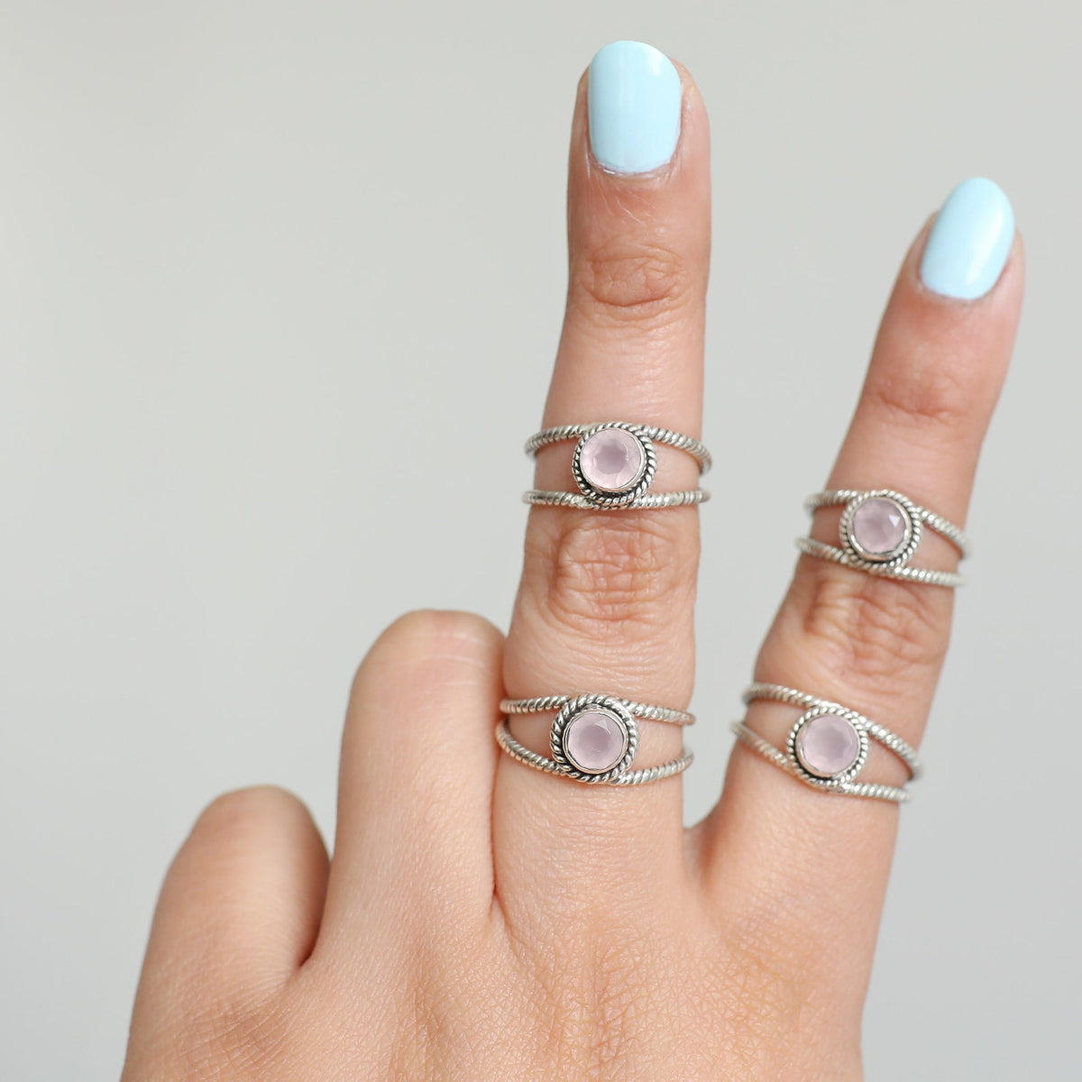 Round Rose Quartz Ring, Twisted Silver Ring