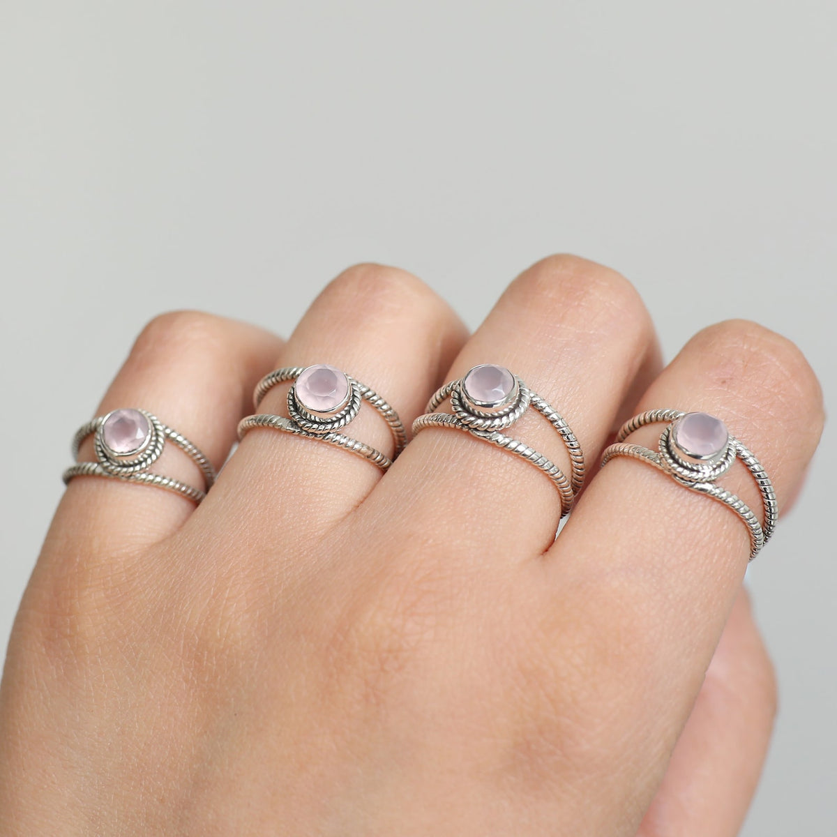Round Rose Quartz Ring, Twisted Silver Ring