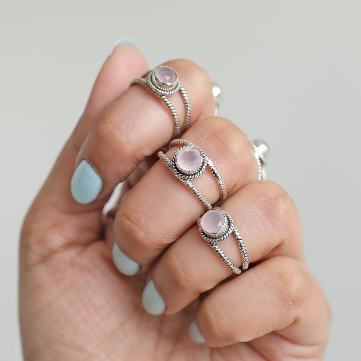 Round Rose Quartz Ring, Twisted Silver Ring