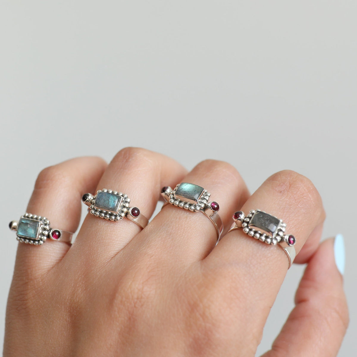 Natural Labradorite & Raspberry Garnet Sterling Silver Boho Ring