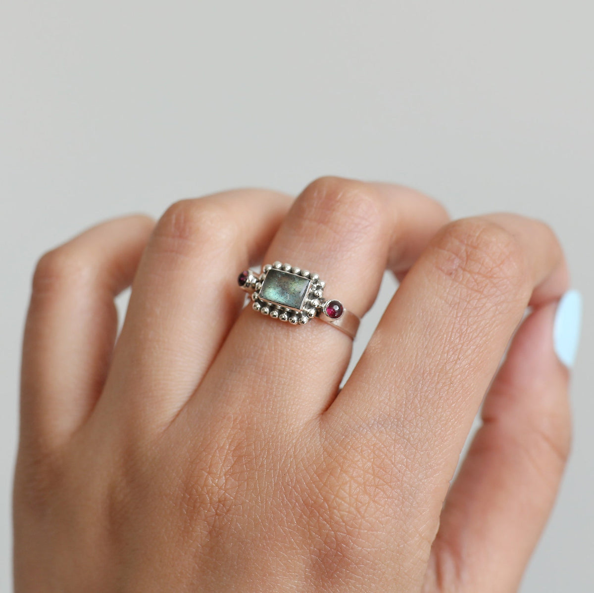 Natural Labradorite & Raspberry Garnet Sterling Silver Boho Ring
