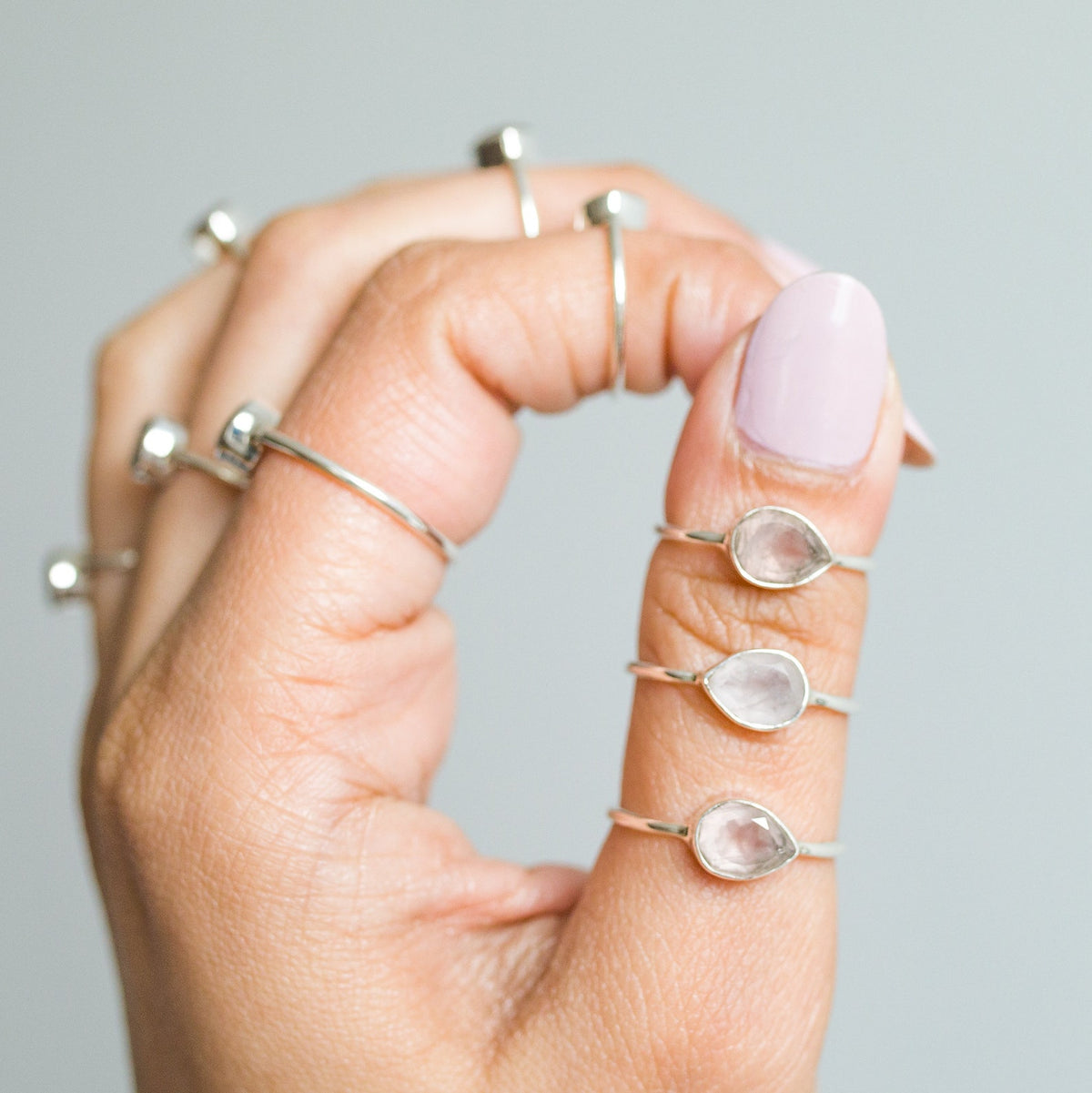 Natural Rose Quartz Crystal Ring, Teardrop Stone Ring in Sterling Silver
