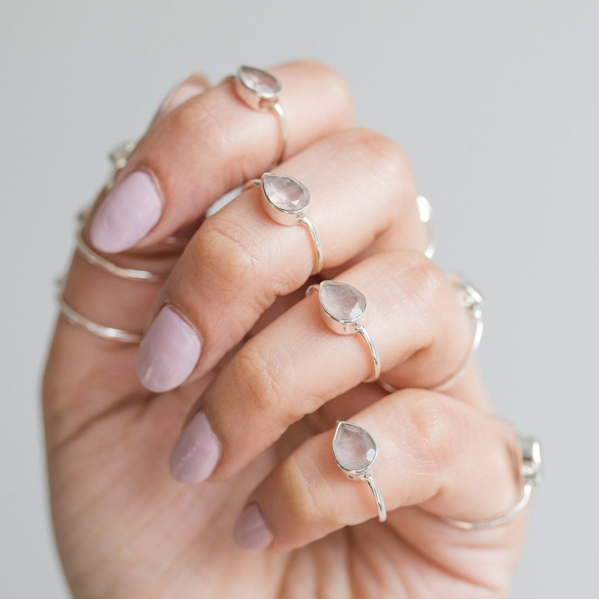 Natural Rose Quartz Crystal Ring, Teardrop Stone Ring in Sterling Silver