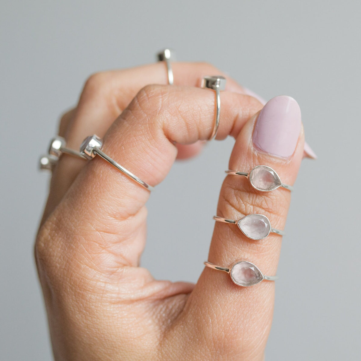 Natural Rose Quartz Crystal Ring, Teardrop Stone Ring in Sterling Silver