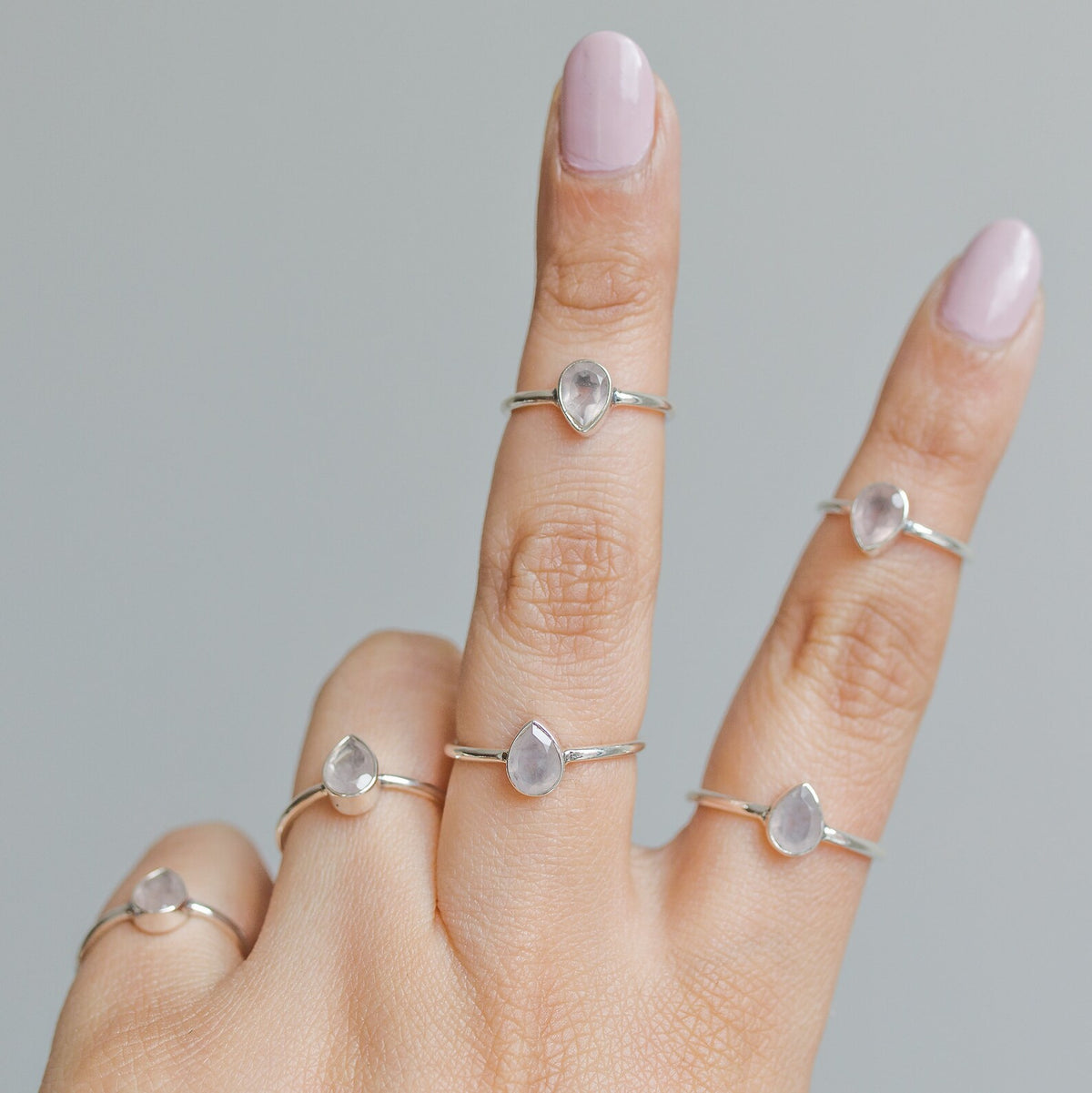 Natural Rose Quartz Ring, Teardrop Stone Ring in Sterling Silver