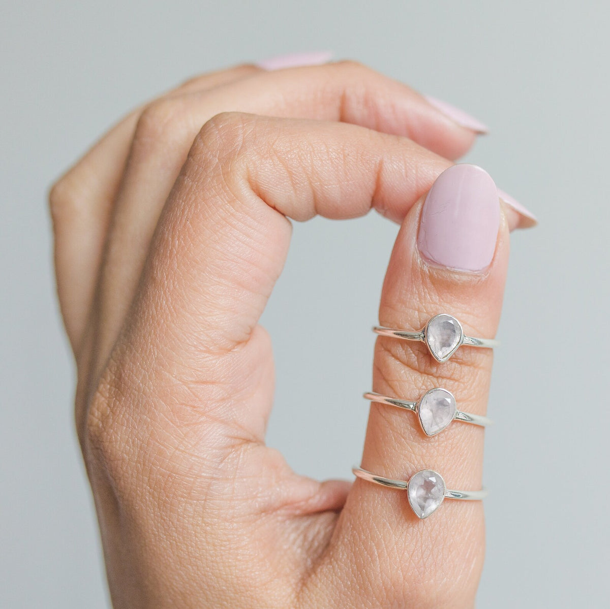 Natural Rose Quartz Ring, Teardrop Stone Ring in Sterling Silver