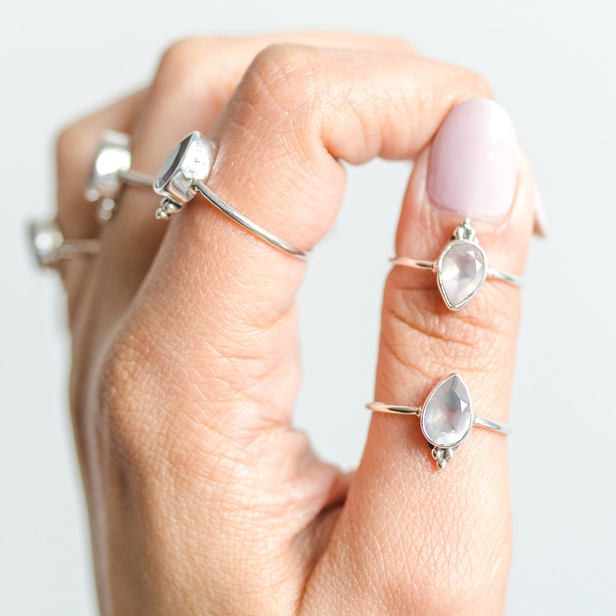 Pear Rose Quartz Silver Ring - Crystal Quartz Ring