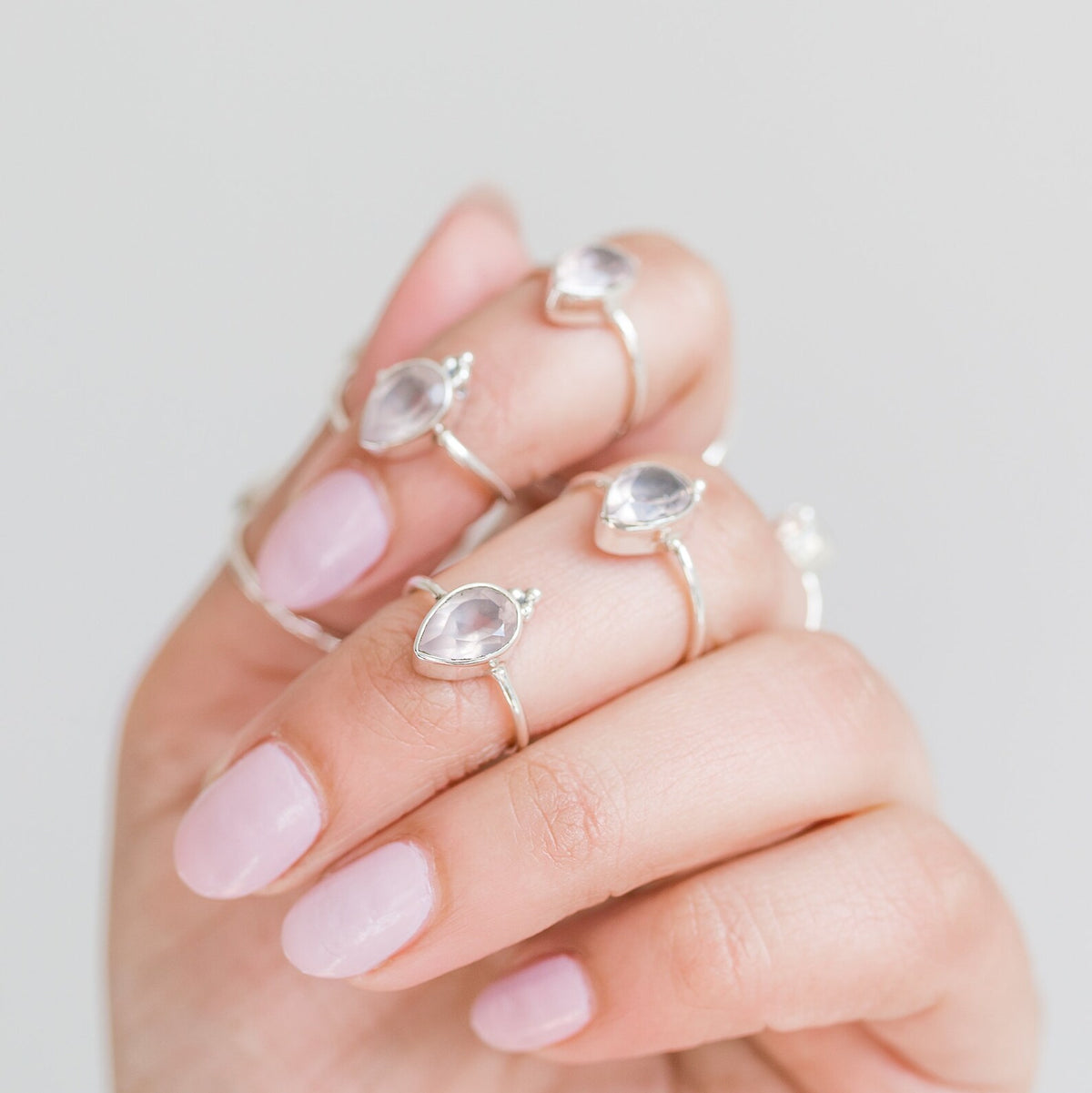 Pear Rose Quartz Silver Ring - Crystal Quartz Ring