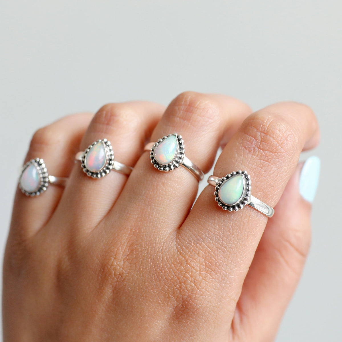 Ethiopian Opal Ring Rain Drop Silver Dot Ring