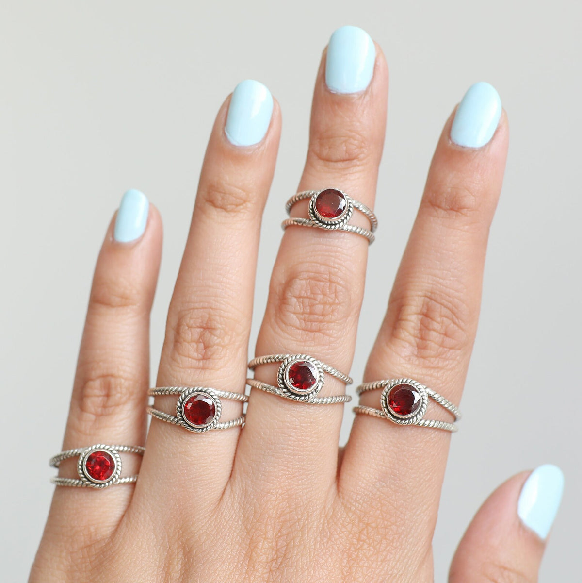 Round Garnet Ring, Twisted Silver Ring